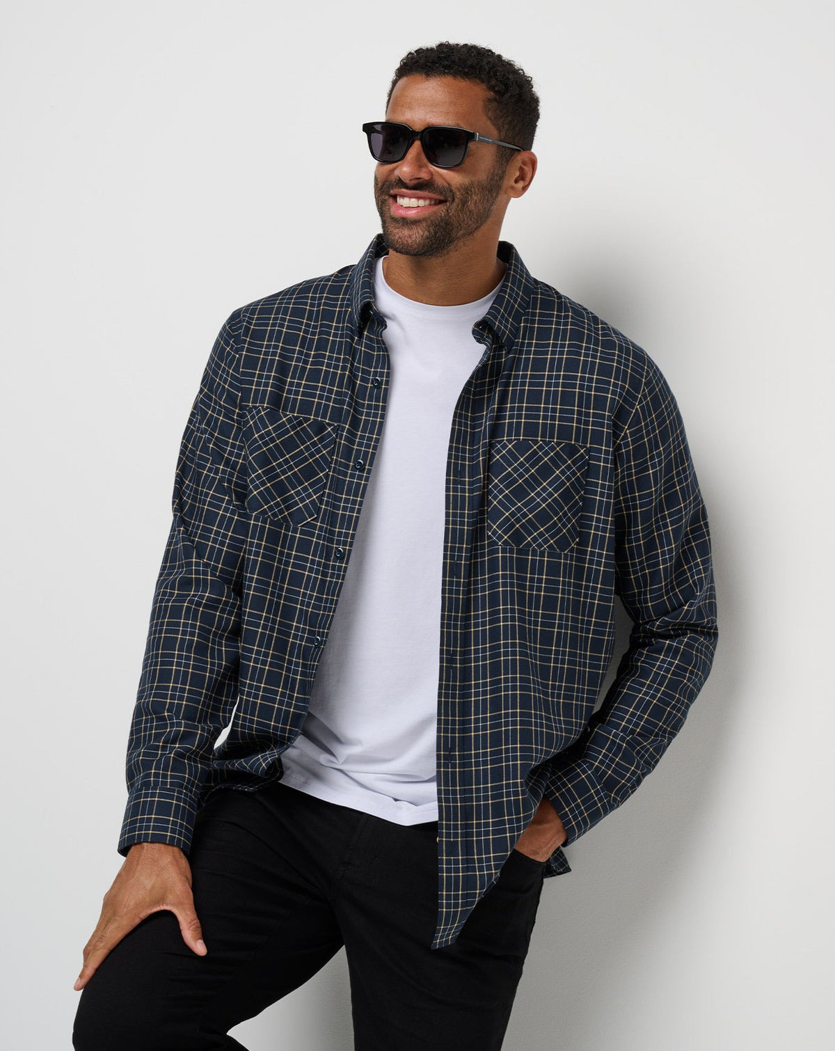 TravisMathew | Cloud Flannel Plaid Button-Up - Total Eclipse/Apricot