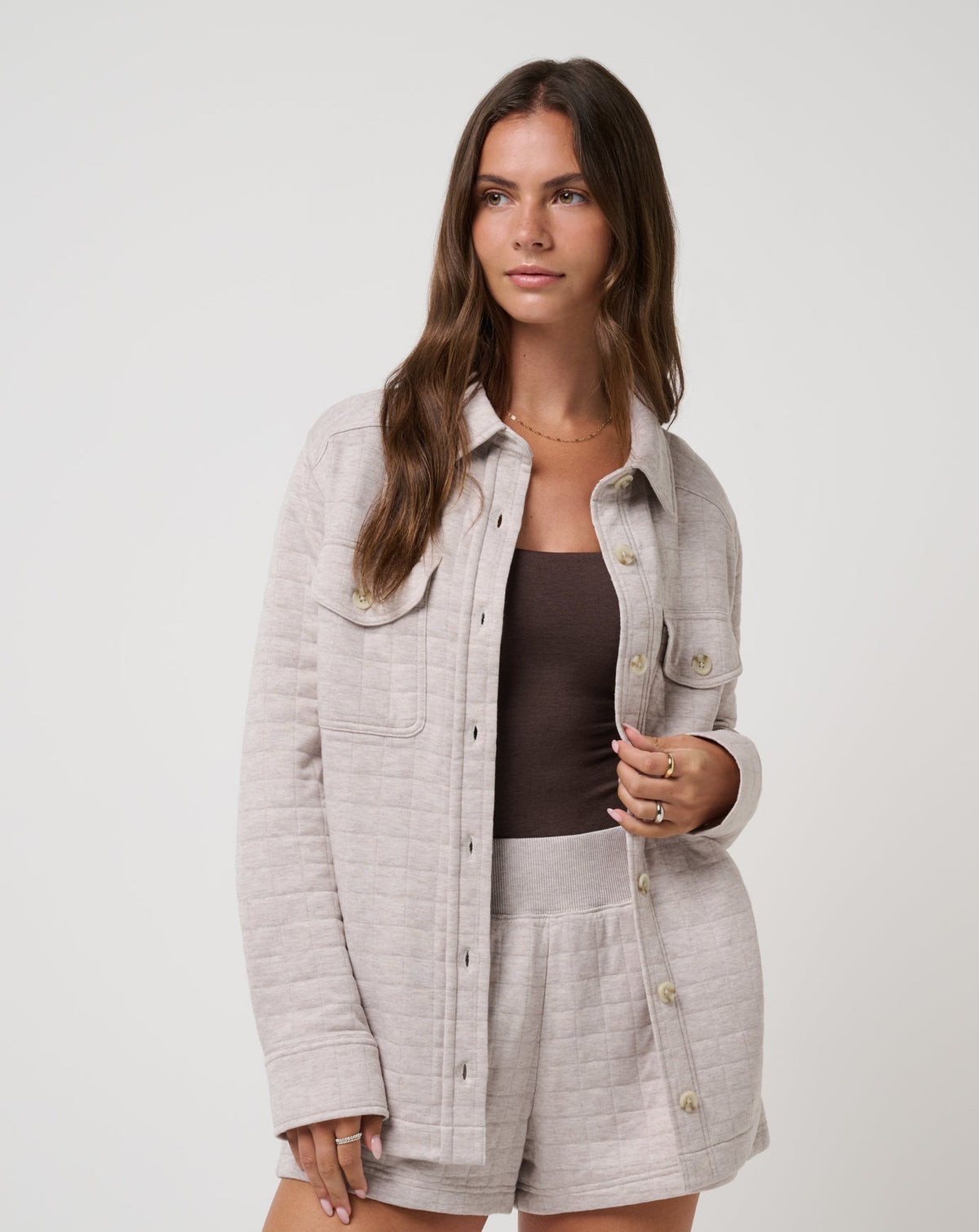 TravisMathew | Cloud Coastal Quilted Shacket - Heather Savannah Tan